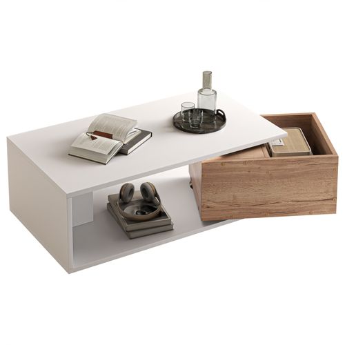 Table Basse 90x50x30cm, Tiroir Pivotant 360°, Rangement, Plateau Finition Brillant, Mdf, Blanc+bois