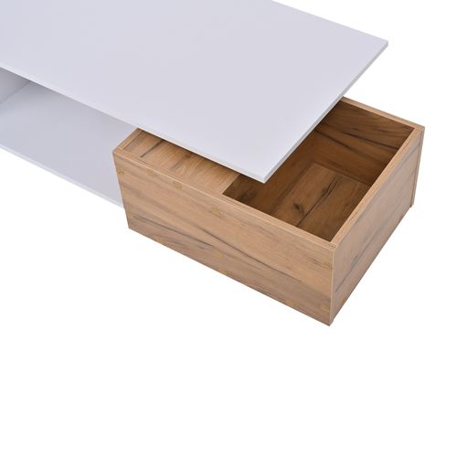 Table Basse 90x50x30cm, Tiroir Pivotant 360°, Rangement, Plateau Finition Brillant, Mdf, Blanc+bois