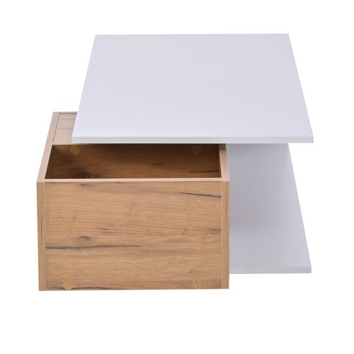 Table Basse 90x50x30cm, Tiroir Pivotant 360°, Rangement, Plateau Finition Brillant, Mdf, Blanc+bois