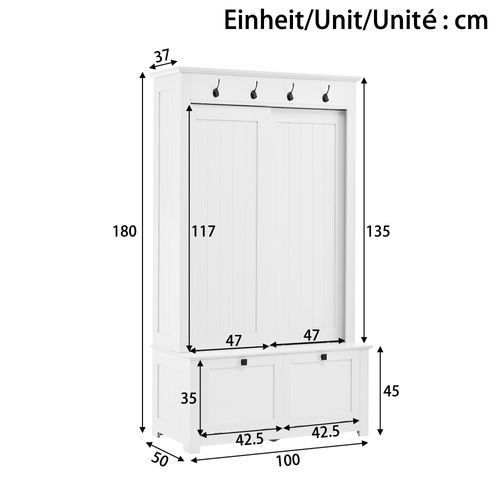 Vestiaire Moderne 100x50x180 Cm, Portes Coulissantes, Range-chaussures Et Crochets, Mdf, Blanc