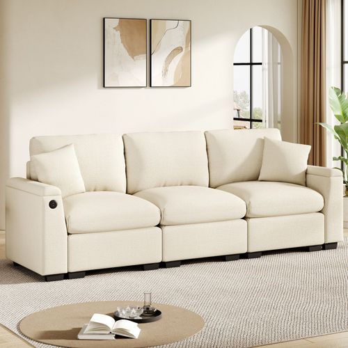 Canapé 3 Places 242x80x88 Cm, Dossier Rabattable Avec Table, Coffre De Rangement, Chenille Beige