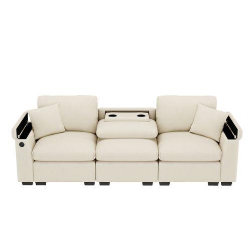 Canapé 3 Places 242x80x88 Cm, Dossier Rabattable Avec Table, Coffre De Rangement, Chenille Beige