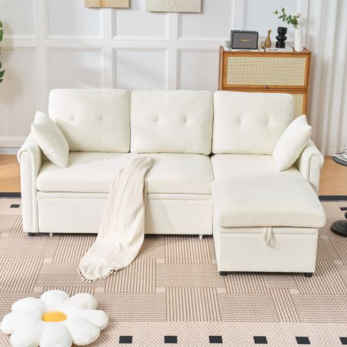 Canapé D'angle Convertible 206x130x85 Cm, Coffre, Tissu Chenille, Beige