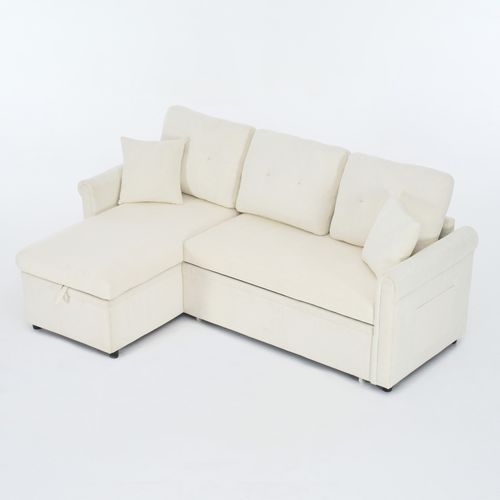 Canapé D'angle Convertible 206x130x85 Cm, Coffre, Tissu Chenille, Beige