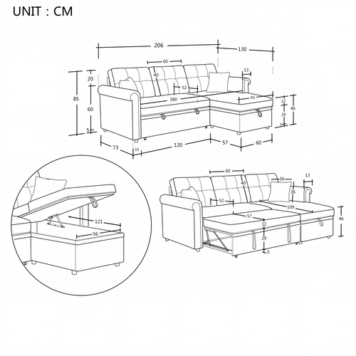 Canapé D'angle Convertible 206x130x85 Cm, Coffre, Tissu Chenille, Beige