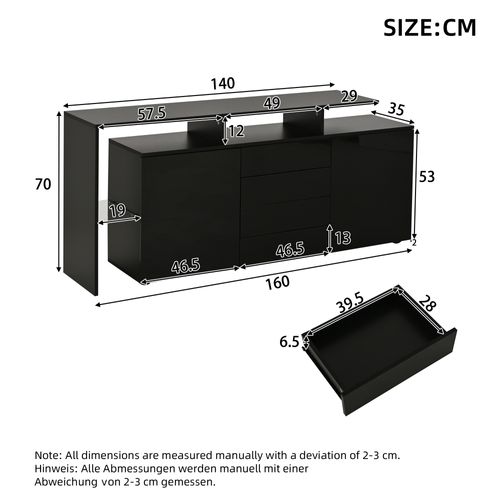 Buffet 160x35x70 Cm Avec LED, 2 Portes Et 4 Tiroirs, Rangement, Panneaux Particules, Verre, Noir
