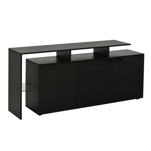 Buffet 160x35x70 Cm Avec LED, 2 Portes Et 4 Tiroirs, Rangement, Panneaux Particules, Verre, Noir