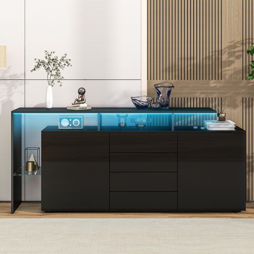 Buffet 160x35x70 Cm Avec LED, 2 Portes Et 4 Tiroirs, Rangement, Panneaux Particules, Verre, Noir