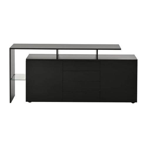 Buffet 160x35x70 Cm Avec LED, 2 Portes Et 4 Tiroirs, Rangement, Panneaux Particules, Verre, Noir