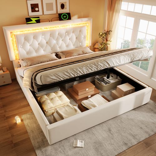 Lit Coffre 160x200 Cm, Tête Avec Bande LED Et Ports USB Et Type C, Velours Beige