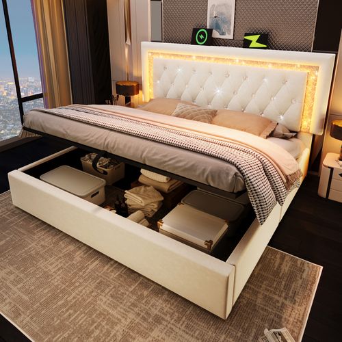 Lit Coffre 160x200 Cm, Tête Avec Bande LED Et Ports USB Et Type C, Velours Beige