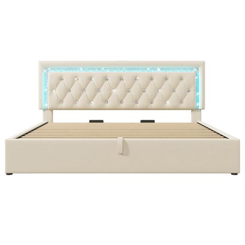 Lit Coffre 180x200 Cm, Velours Beige, Hydraulique Avec LED Et Station USB Type C, Tête Motif Losange