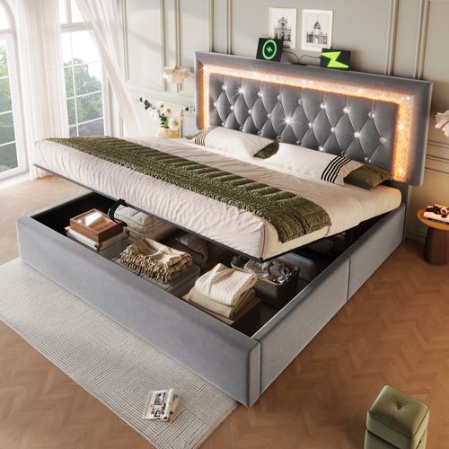 Lit Coffre Double 160x200 Cm, Tête De Lit Avec LED, Port USB, Type C, Lit Adulte, Velours, Gris