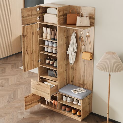 Meuble D'entrée 90x34,5x190 Cm, Miroir, Banc, Chaussures, Tiroirs, Mdf, Couleur Bois