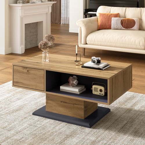 Table Basse 100x50x46.5 Cm, Rangements Spacieux Avec Compartiment Caché, Pb, Couleur Bois+gris