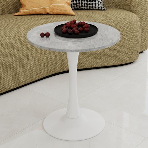 Table Basse Ronde 70 Cm, Style Moderne, Avec Motif De Marbre En Mdf, Gris Clair Et Blanc