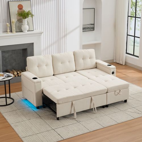 Canapé Convertible 208x146x89,5 Cm, Coffre De Rangement, 2 Porte-gobelets, LED, Tissu, Beige