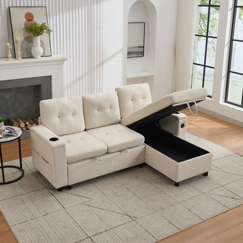 Canapé Convertible 208x146x89,5 Cm, Coffre De Rangement, 2 Porte-gobelets, LED, Tissu, Beige