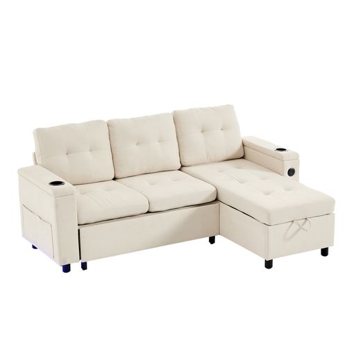 Canapé Convertible 208x146x89,5 Cm, Coffre De Rangement, 2 Porte-gobelets, LED, Tissu, Beige