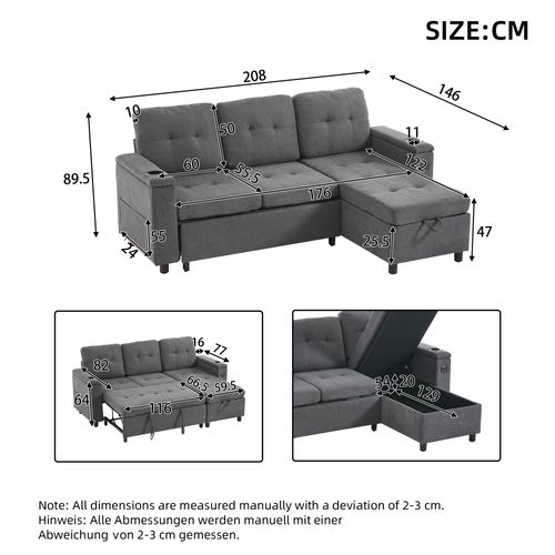 Canapé Convertible 208x146x89,5 Cm, Coffre De Rangement Et LED, Ports USB, Tissu Gris