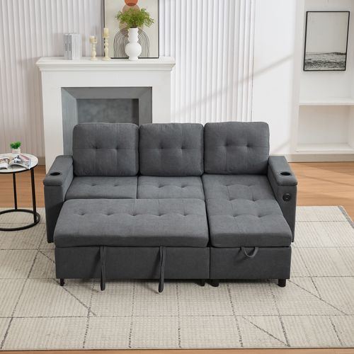 Canapé Convertible 208x146x89,5 Cm, Coffre De Rangement Et LED, Ports USB, Tissu Gris