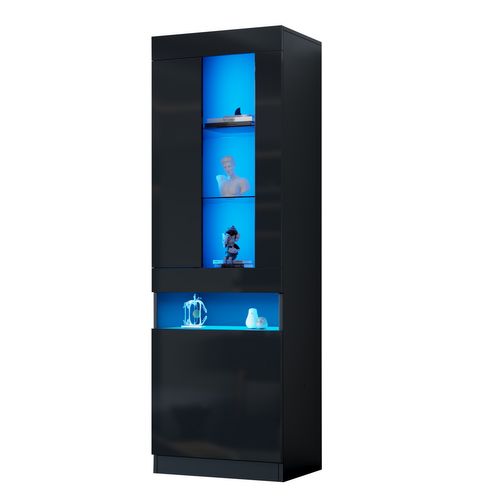 Buffet Haut LED 50x40x180 Cm, Étagères En Verre, 2 Portes, LED, USB, Panneaux De Particules, Noir