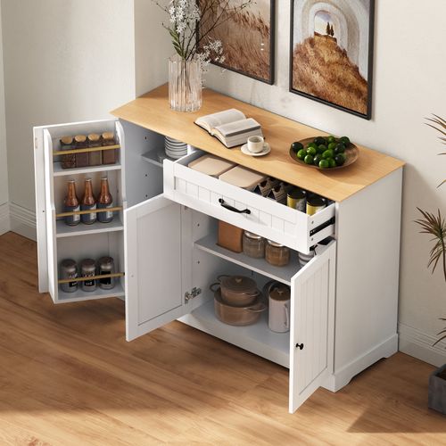 Desserte Moderne 107x40x84 Cm à 3 Portes Et Rangements, Tiroir, Motif Bois, Mdf, Blanc+couleur Bois