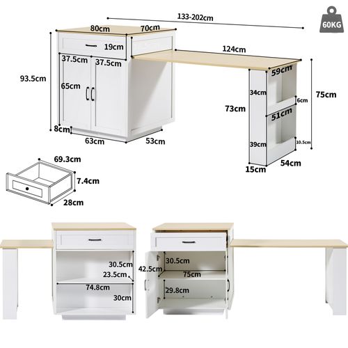 Table Bar Extensible 133-202x70x93,5 Cm, Rangement Multifonction, Tiroir, Étagères, Mdf, Blanc+bois