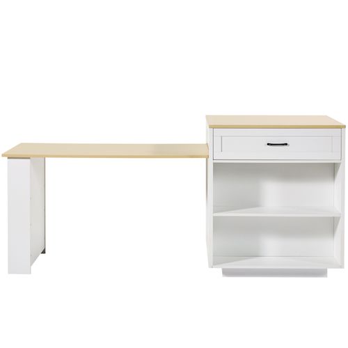 Table Bar Extensible 133-202x70x93,5 Cm, Rangement Multifonction, Tiroir, Étagères, Mdf, Blanc+bois