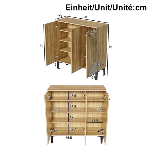 Meuble à Chaussures 90x32x94 Cm, Grand Rangement, 3 Portes Fermées, Panneaux De Particules Bois