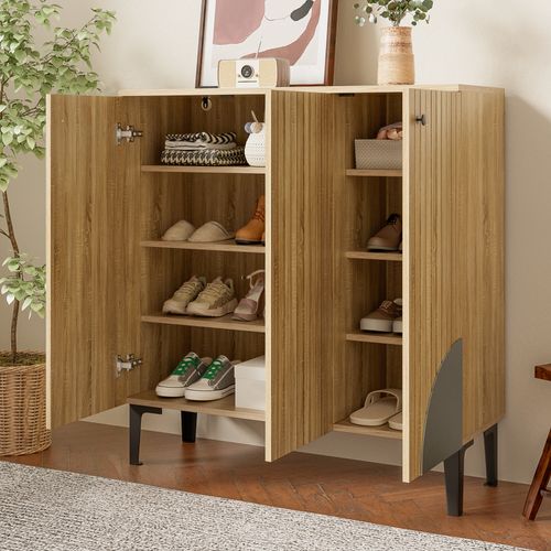 Meuble à Chaussures 90x32x94 Cm, Grand Rangement, 3 Portes Fermées, Panneaux De Particules Bois