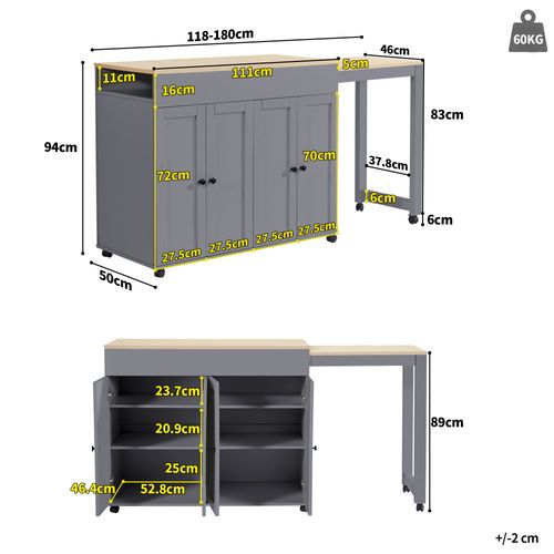 Table Bar Extensible 118-180x50x94 Cm, Glissières Robustes, Rangement Ouvert, Mdf, Couleur Gris+bois