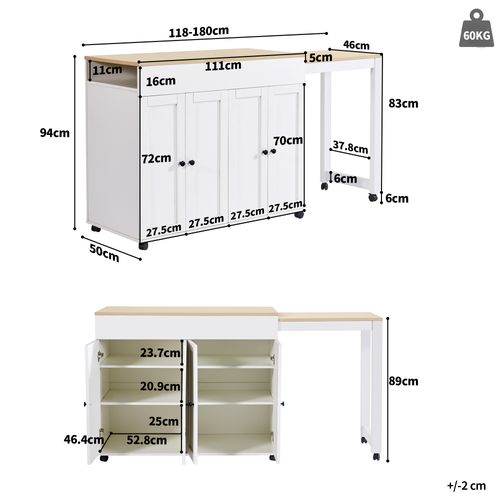 Table Bar Extensible 118-180x50x94 Cm, 4 Portes, Rangement Ouvert, Mdf, Couleur Blanc+bois