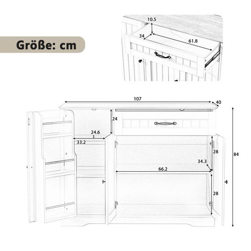 Desserte Moderne 107x40x84 Cm à 3 Portes Et Rangements, 1 Tiroir, Porte-bouteilles, Mdf, Blanc