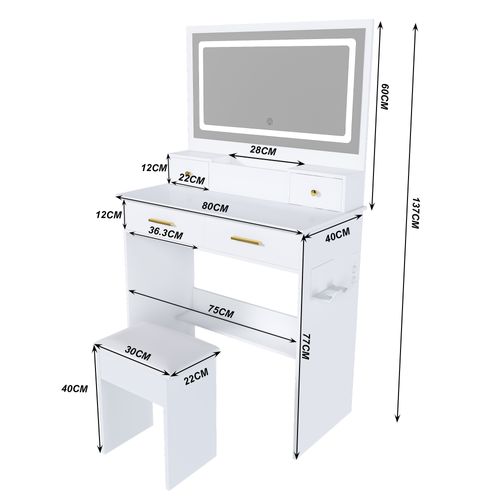 Coiffeuse 80x40x137 Cm, Miroir, Tabouret 30x22x40cm, LED 3 Couleurs Et Prise, 4 Tiroirs, Mdf, Blanc