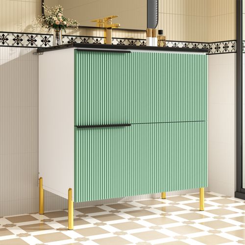 Meuble Vasque 81.5x47x90cm, Vasque Céramique, 2 Tiroirs De Rangement, Mdf, Vert+blanc+noir+doré