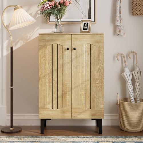 Meuble Chaussures 60x31,5x95 Cm Avec 2 Portes, Motif Bois, Rangement, Panneaux De Particules, Bois