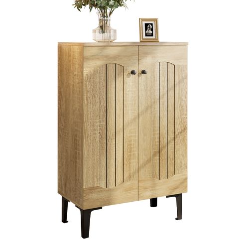 Meuble Chaussures 60x31,5x95 Cm Avec 2 Portes, Motif Bois, Rangement, Panneaux De Particules, Bois