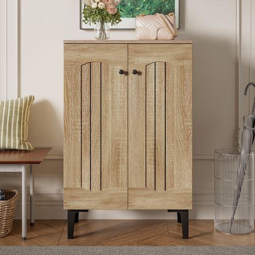 Meuble Chaussures 60x31,5x95 Cm Avec 2 Portes, Motif Bois, Rangement, Panneaux De Particules, Bois