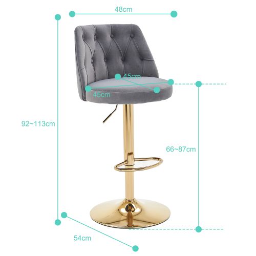 Lot De 2 Tabourets De Bar 54x48x113 Cm, Velours Réglable Pivotant, Assise Épaisse, Métal, Noir+doré