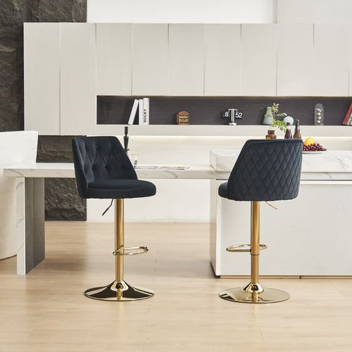 Lot De 2 Tabourets De Bar 54x48x113 Cm, Velours Réglable Pivotant, Assise Épaisse, Métal, Noir+doré