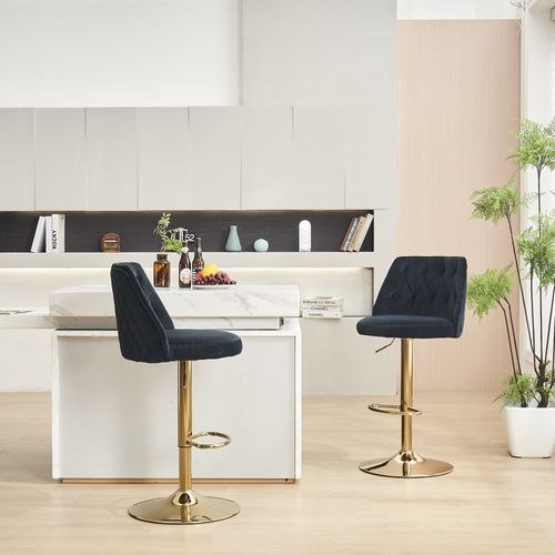 Lot De 2 Tabourets De Bar 54x48x113 Cm, Velours Réglable Pivotant, Assise Épaisse, Métal, Noir+doré