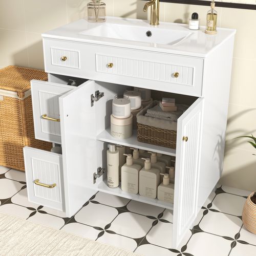 Meuble Vasque 81.7x46.8x90cm, Lavabo En Céramique, Finition Blanc En Mdf, Pieds En Bois, Blanc