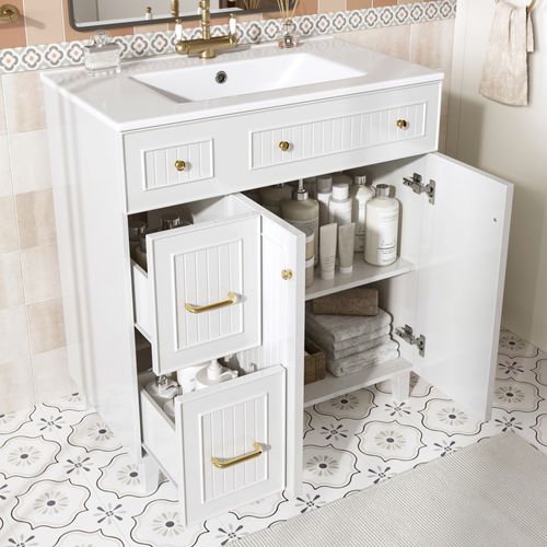Meuble Vasque 81.7x46.8x90cm, Lavabo En Céramique, Finition Blanc En Mdf, Pieds En Bois, Blanc