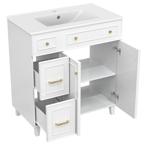 Meuble Vasque 81.7x46.8x90cm, Lavabo En Céramique, Finition Blanc En Mdf, Pieds En Bois, Blanc