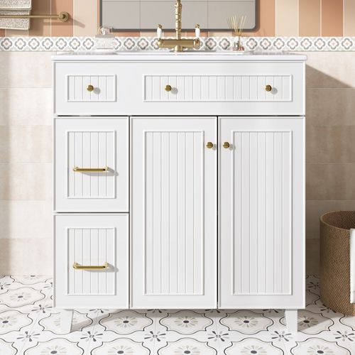 Meuble Vasque 81.7x46.8x90cm, Lavabo En Céramique, Finition Blanc En Mdf, Pieds En Bois, Blanc