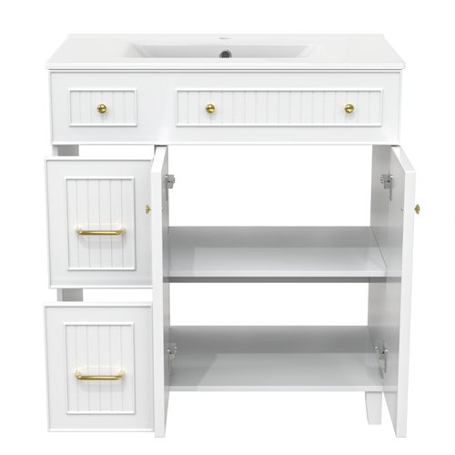 Meuble Vasque 81.7x46.8x90cm, Lavabo En Céramique, Finition Blanc En Mdf, Pieds En Bois, Blanc