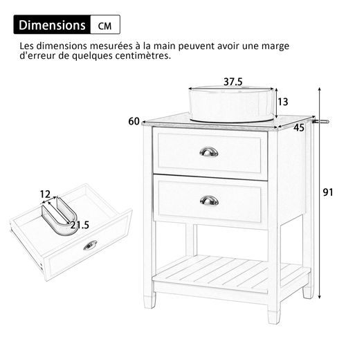 Meuble Vasque 60x45x91cm, Vasque Céramique Ronde, 2 Tiroirs De Rangement, Mdf, Blanc Et Bois Naturel