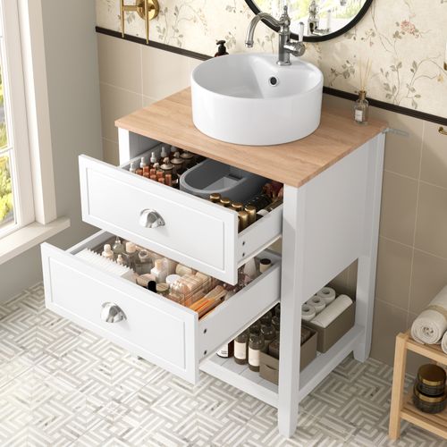 Meuble Vasque 60x45x91cm, Vasque Céramique Ronde, 2 Tiroirs De Rangement, Mdf, Blanc Et Bois Naturel