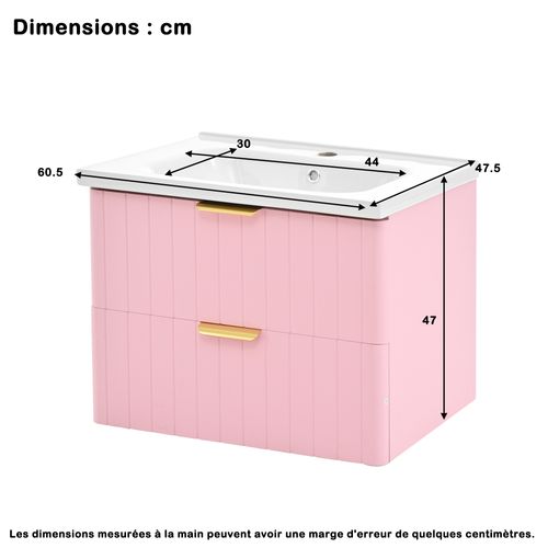Meuble Vasque Suspendu 60.5x47.5x47cm, Double Rangement, Mdf Résistant à L'humidité, Rose+blanc